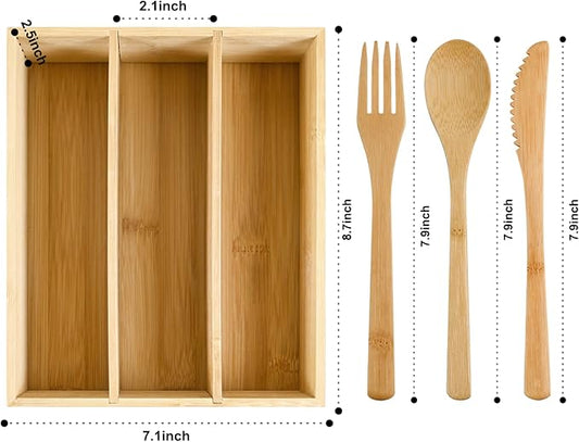 Bamboo Cutlery Reusable with Silverware Organizer, 16Pcs Flatware Set with Bamboo Forks Spoons Knives, Reusable Cutlery with Portable Storage Case for Home and Travel Camping Hiking