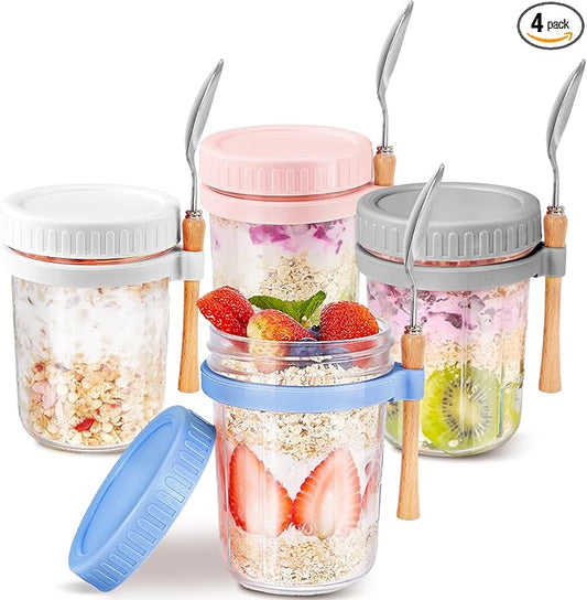 Glass Overnight Oats Containers with Lids and Spoon, 16oz Wide Mouth Mason Jars for Overnight Oats, Cereal, Yogurt, Salad Lunch Container with Measurement Marks - MultiColor 4 Pack
