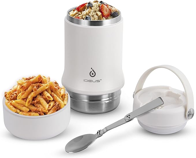 Ideus 20 oz Insulated Soup Thermo with Foldable Spolk and Bowl, All-in-one Stainless Steel Vacuum Thermal Food Jar for Lunch, Leakproof Bento Lunchbox Portable Soup Container, White