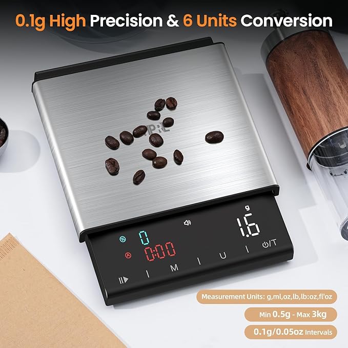 Coffee Scale with Timer, 0.1g High Precision Espresso Scale, Pour Over Coffee Weight Scale Rechargeable Coffee Scale for Espresso with Color LED Display, Touch Sensor, Silicone Cover-3kg/6.6lb