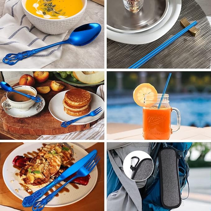 AARAINBOW 7 Pieces Stainless Steel Flatware Set Portable Reusable Cutlery Set Travel Utensils Set Including Chopsticks Knife Fork Spoon Straws Cleaning Brush Dishwasher Safe (G-Blue)