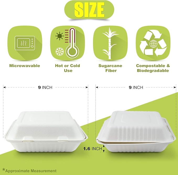 Green Earth 9-Inch, 100-Count, 1-Compartment, Compostable Clamshell, Natural Bagasse, Take-Out/to-Go Food Boxes - Biodegradable Containers