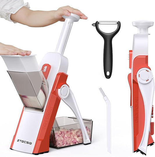 5 in 1 Safe Mandoline Slicer for Kitchen, Safe Vegetable Chopper, Paring Knife, Adjustable Thickness, Easy to Clean, Vegetable Slicer, Slicing, Strips, Shredding, Dicing,Chop (Tropical Orange)