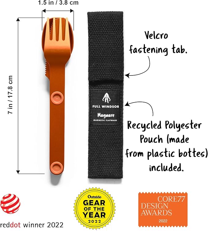 FULL WINDSOR - MAGWARE Magnetic Camping Cutlery Set - Travel Utensils for Camping, Cooking, and Outdoor Dining - Knife, Fork & Spoon - Portable Silverware with Pouch - Orange (3 PCS)