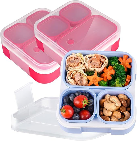 Genteen Small Kids Snack Containers for School 3 Compartment Travel Snack Containers with Dividers Portion Control Lunch box for Kids with Leak-proof Lids BPA Free (2pcs Dark Pink + 1pcs Blue)