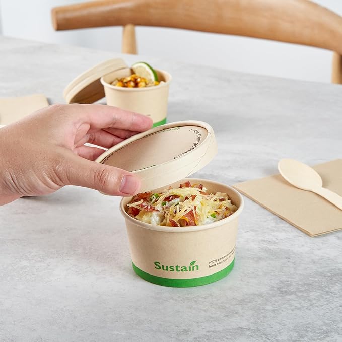 LIDS ONLY: Sustain Round Paper Soup Container Lids, 200 Disposable Ice Cream Cup Lids - Cups Sold Separately, For 8 Ounce Cups, Bamboo To Go Cup Lids, With PLA lining, Compostable - Restaurantware