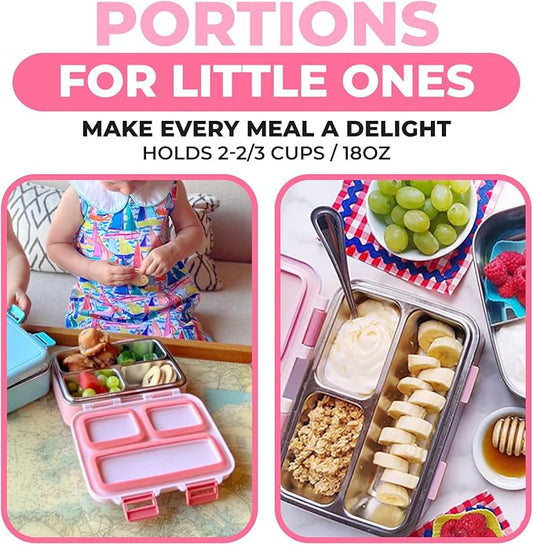 Stainless Steel Lunch Box for Baby Toddlers Girls, Mini Bento, 3 Eco Metal Portion Sections Leakproof Lid, Pre-School Daycare Lunches, Toddler Kids Spill-Proof Snack Container, 18 oz/550 mL Pink