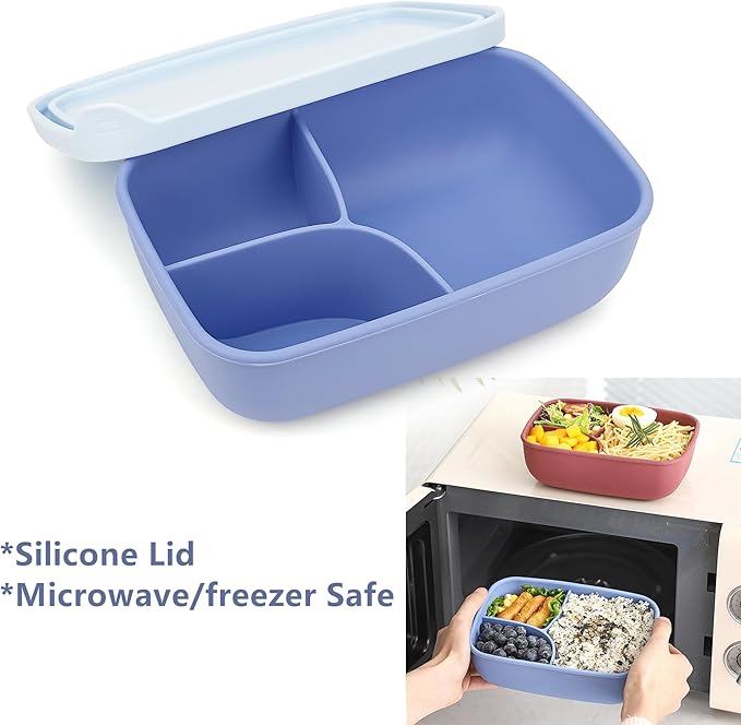 CARTINTS Silicone Lunch Box, Silicone Food Containers for Meal-Prep, Camping, Work, Silicone Bento Box with 3 Compartments and lid, Food Grade & Microwave Safe, 7.8'' x 5.5'', 1000ml