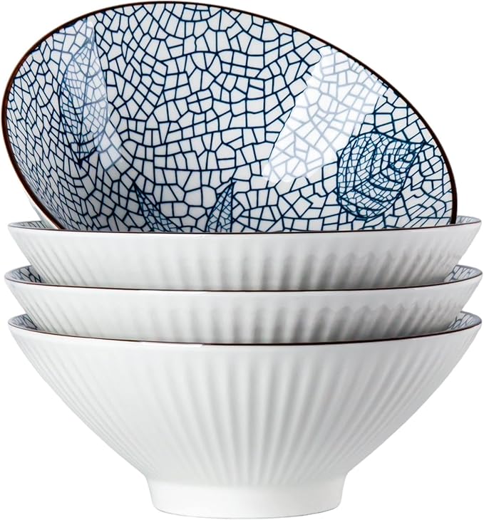 38 oz Japanese Ramen Bowl Set of 4 - Large 8 Inch Ceramic Soup Bowls, Blue and White Japanese Noodle Bowls for Pho, Ramen, and Cereal - Leaf Patterns