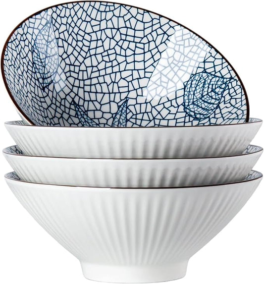 38 oz Japanese Ramen Bowl Set of 4 - Large 8 Inch Ceramic Soup Bowls, Blue and White Japanese Noodle Bowls for Pho, Ramen, and Cereal - Leaf Patterns