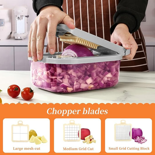 Vegetable Chopper 9-in-1, Onion cutter with 8 Blades, Food Shredding Container with Carrots, Eggs, Home Kitchen Essentials, Salad slicers, Cheese Grater and French Fries Cuts (Grey)