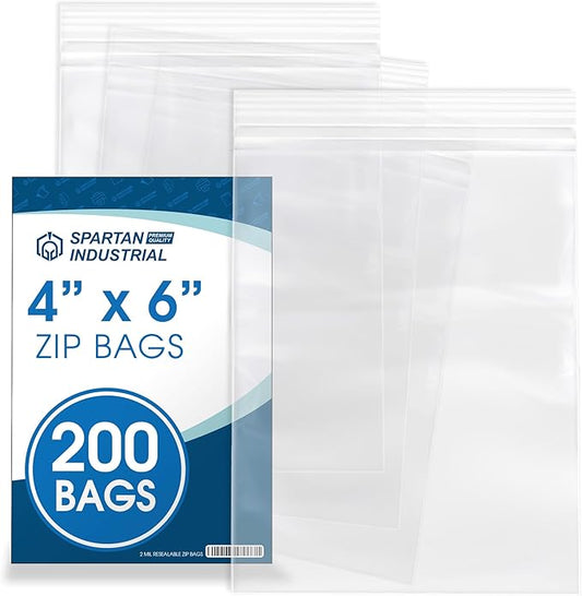 Spartan Industrial - 4” X 6” (200 Count) 2 Mil Clear Reclosable Zip Plastic Poly Bags with Resealable Lock Seal Zipper