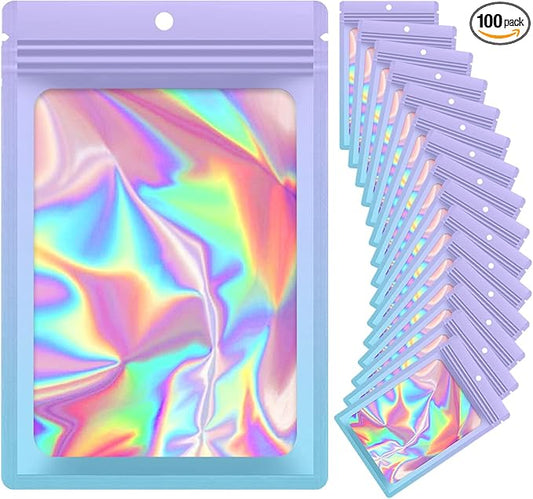 100 Pieces Resealable Mylar Bags, Smell Proof Bags with Clear Window for Food Storage Party Favor Packaging Small Business(Purple&Light Blue, 5.5×7.8 Inch)