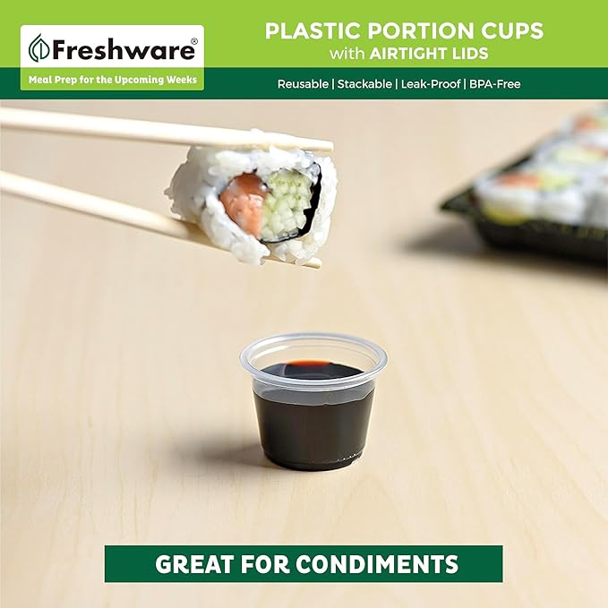 Freshware Plastic Portion Cups with Lids [1 Ounce, 100 Sets] Disposable Plastic Cups for Meal Prep, Salad Dressing, Jellos Shot Cups, Souffle Cups, Condiment and Dipping Sauce Cups