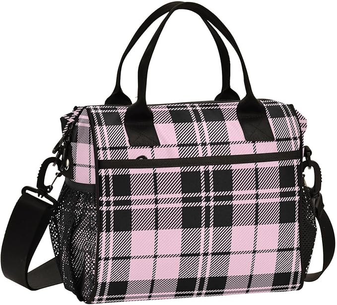 Pink Black Tartan Plaid Valentines Lunch Bag Insulated Cooler Bag Tote Reusable Lunch Box for Women Men Adult Adjustable Shoulder Strap Leakproof for Work Picnic