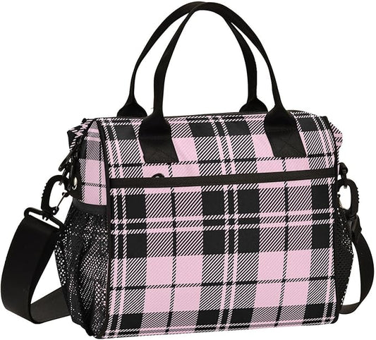 Pink Black Tartan Plaid Valentines Lunch Bag Insulated Cooler Bag Tote Reusable Lunch Box for Women Men Adult Adjustable Shoulder Strap Leakproof for Work Picnic