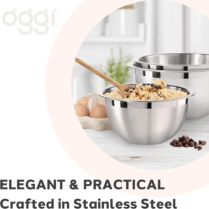 Oggi 3-Quart Two-Tone Stainless Steel Mixing Bowl, Great for Mixing, Making Dough, Dressing Salads, Mixing Eggs, Washing Vegetables