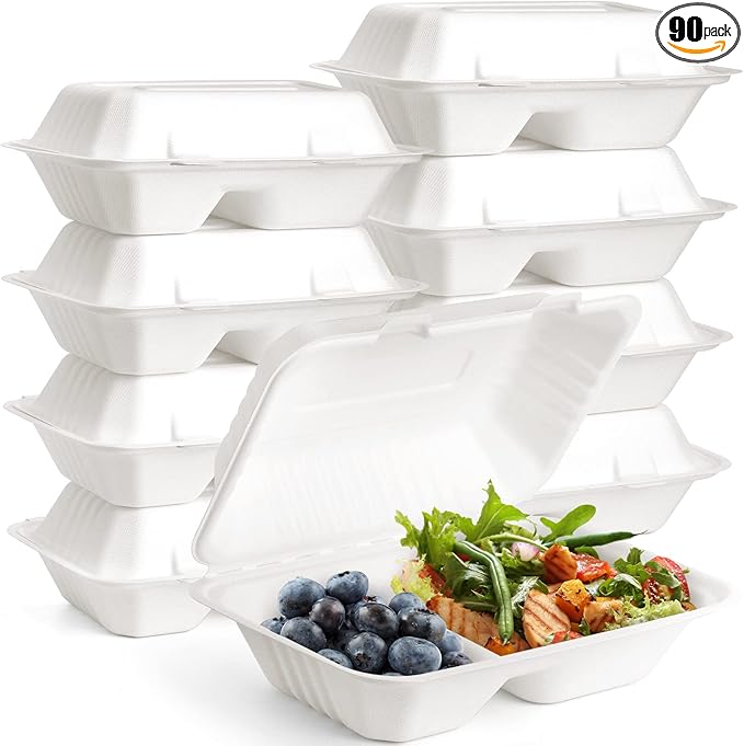 Elsjoy 90 Pack 9"x 6" Clamshell Take Out Containers, 2 Compartment Compostable Hinged Food Containers Disposable To Go Boxes, Sugar Cane Takeaway Boxes for Restaurant, Party, Microwave Safe