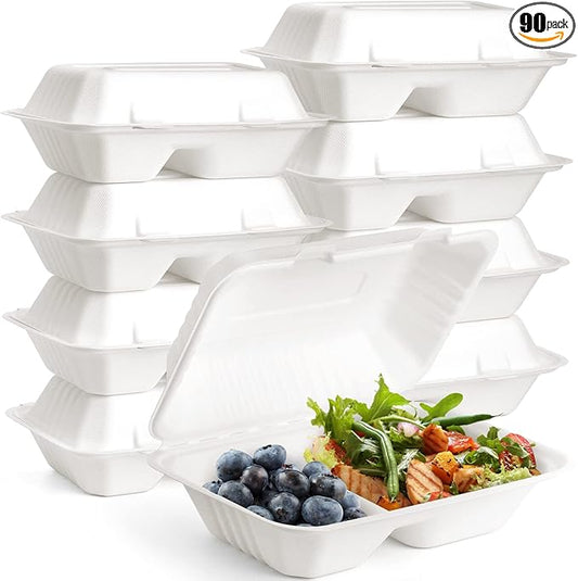 Elsjoy 90 Pack 9"x 6" Clamshell Take Out Containers, 2 Compartment Compostable Hinged Food Containers Disposable To Go Boxes, Sugar Cane Takeaway Boxes for Restaurant, Party, Microwave Safe