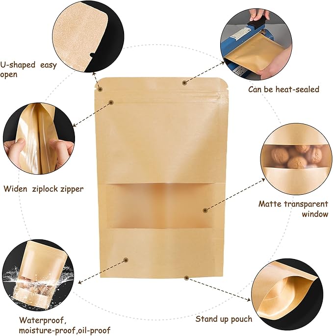 100pcs Kraft Bags with Window 5.9x8.6 Inches Brown Reusable Sealable Zip Lock Food Storage Stand up Paper Pouches for Home or Business