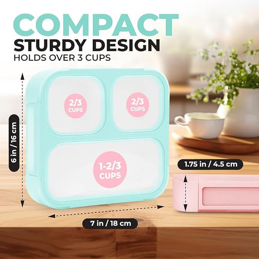 Medium Bento Box for Kids, Lunch-Box for Boys or Girls, Leakproof 3 Compartment Containers for Meal or Snack, BPA Free, 2 pack Pastel Teal + Pink