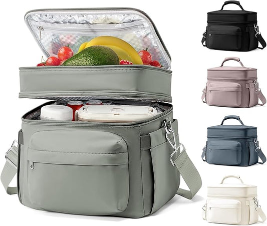 Lunch Box Women Insulated Lunch Bag Men Expandable Waterproof Leakproof Lunch Boxes Large Lunch Tote Cooler Bag for Work with Water Bottle Holder Grey Green