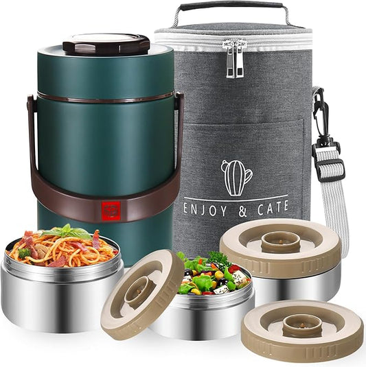 67 Oz Adults Stainless Steel Vacuum Soup Thermos For Hot Food with Inserts Stackable Bento Box and Lunch Bag,Width Mouth Portable Nsulated Food Jar Lunch Container (green, 67 oz)