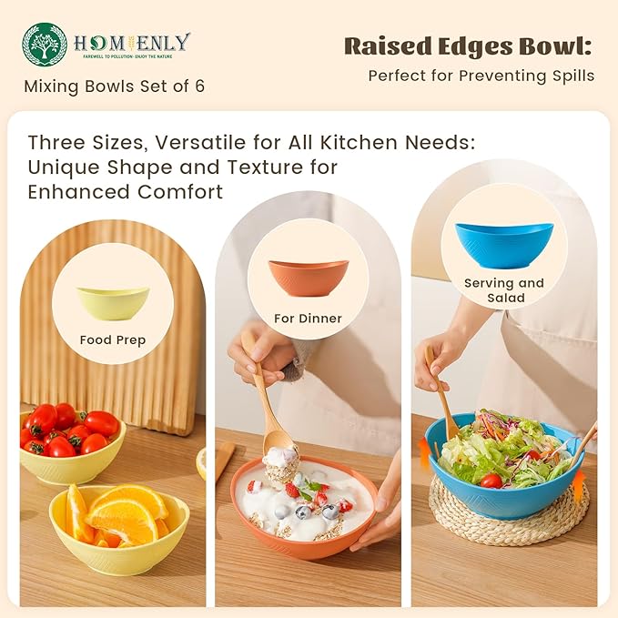 Homienly Wheat Straw Mixing Bowls Set of 6 with 3 Size, Stackable Nesting Bowls Set,Unbreakable Bowls for Kitchen, Picnic, Microwave and Dishwasher Safe Bowls for Salad,Cereal,Snack(Shoreline Color)