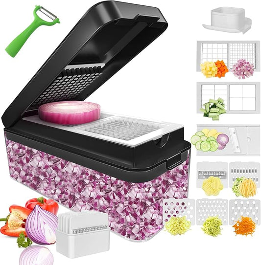 Vegetable Chopper, Onion Chopper Dicer, Mandoline Slicer, Food Chopper with Container, Vegetable Cutter for Salad Potato Carrot Garlic（10 Blades, Black White）
