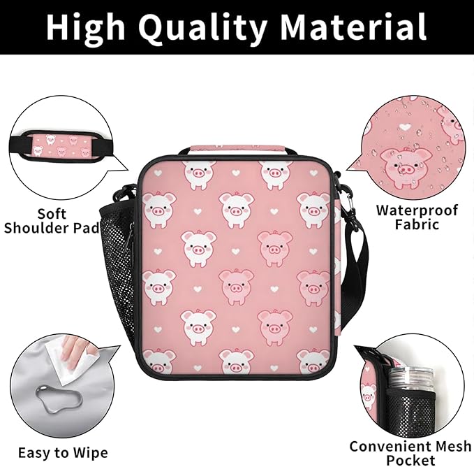 Pigs Pink Kid Lunch Bags with Shoulder Strap Insulated Lunch Boxes for Boy Girls Waterproof Thermal Cooler Tote Bag Portable Picnic Bag for School Work Outdoor Gifts
