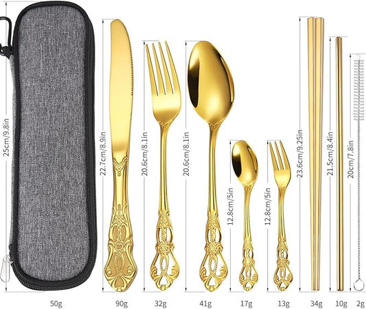 AARAINBOW 7 Pieces Stainless Steel Flatware Set Portable Reusable Cutlery Set Travel Utensils Set Including Chopsticks Knife Fork Spoon Straws Cleaning Brush Dishwasher Safe (G-Golden)