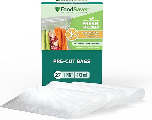 FoodSaver Pint Pre-Cut Vacuum Seal Bags, Easy Use Vacuum Storage Bags, Align to Seal and Tear to Open Vacuum Sealer Storage Bags, 27 Pack
