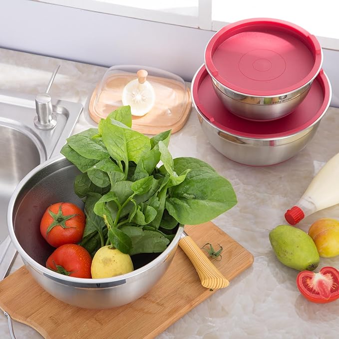 MARSKITOP Stainless Steel Mixing Bowls with Lids Set, Nesting Mixing Bowls with Airtight Lids, Measurement Marks and Red Non-Slip Bottoms, Great for Mixing and Serving, 3QT & 5QT
