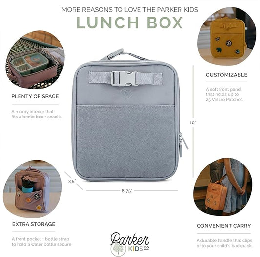 Parker Kids Insulated Waterproof Lunch Box for Children - Customizable Lunch Bag with Durable Hook and Loop Patches, Easy-Open Zippers, Water Bottle Buckle - Rain