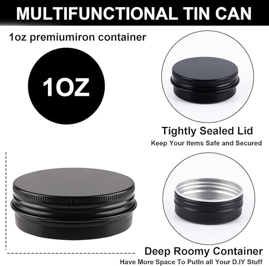 102 Pack Round Cans with Screw Lid 1 OZ Aluminum Metal Tins,for DIY homemade lotion bars, salves, and candles, Balms, Spices, Beard Balm, Crafts with 4 Markers 5 Sheets Label Stickers (Blcak)