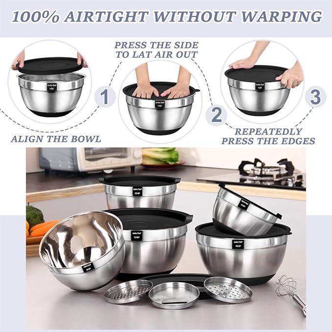 Umite Chef Mixing Bowls with Airtight Lids, 8PCS Stainless Steel Nesting Mixing Bowls Set, 3 Grater Attachments & Non-Slip Bottoms, Black Kitchen Bowls, Size 5, 4, 3.5, 2, 1.5QT for Baking & Serving