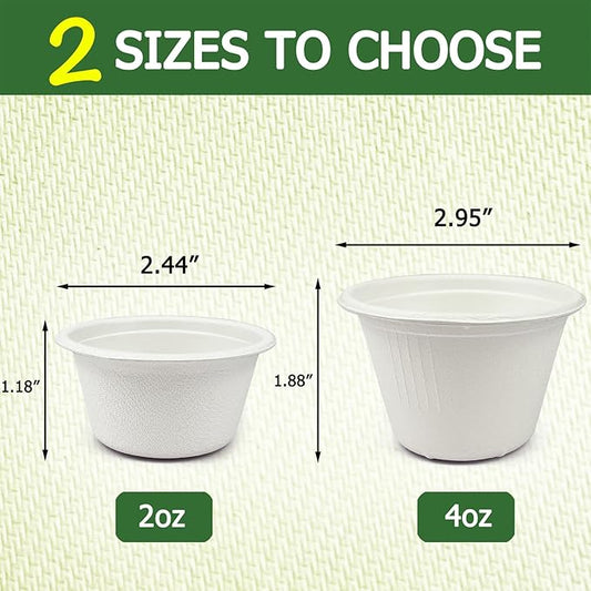 CAMKYDE 2 oz Disposable Bagasse Fiber Souffle Cups 200pk, 100% Natural Biodegradable Compostable Condiment Cups Sample Cup Tasting Cup (White, Pack of 200)