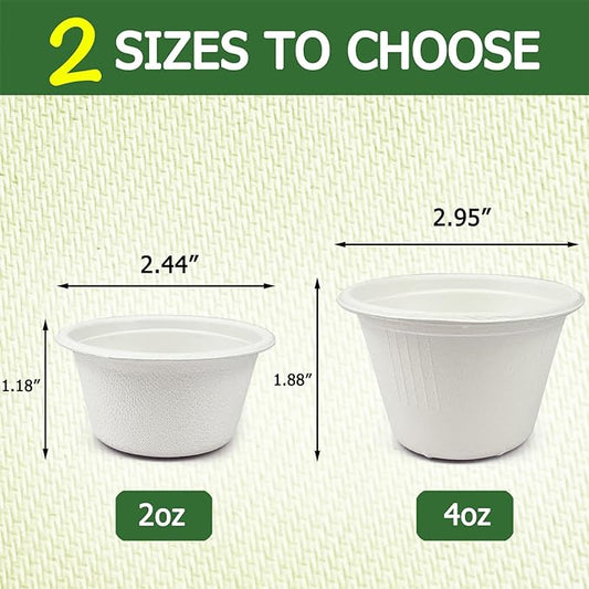 CAMKYDE 4 oz Disposable Bagasse Fiber Souffle Cups 100pk, 100% Natural Biodegradable Compostable Condiment Cups Sample Cup Tasting Cup (White, Pack of 100)