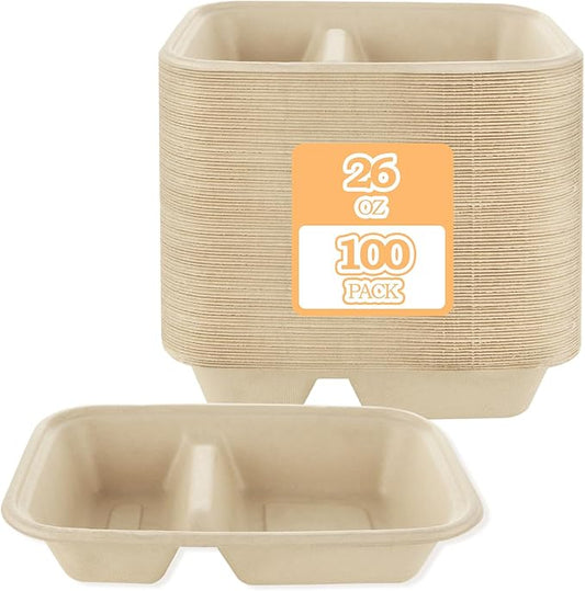 100 Pack 2 Compartment Paper Bowls Chip Dip, Nacho Cheese and Salsa, 26 Oz Compostable Food Containers Bagasse Bowls, Biodegradable Meal Prep Food Storage Deli Container for Hot/Cold Foodd