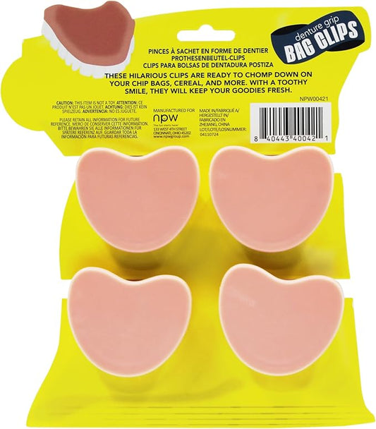 NPW Denture Chip Clips – 4 Pack – Funny Teeth-Shaped Bag Clips for Snacks & Kitchen Storage, Gag Gift for Dentists, Seniors & Prank Lovers
