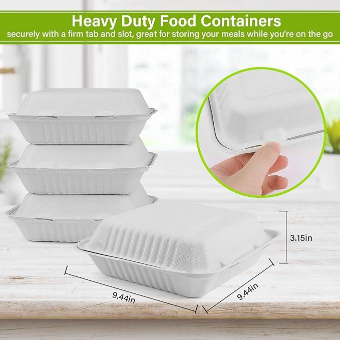 greensight Clamshell Take Out Food Container 100 Pack, 9 x 9 Compostable To Go Containers, Disposable To Go Food Boxes, Biodegradable Made From White Sugarcane Fibers