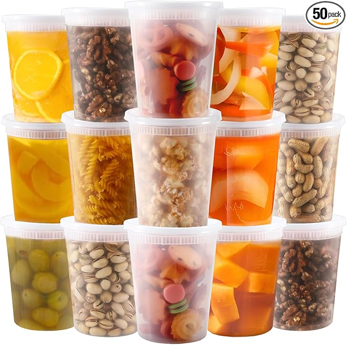 50 Pack Plastic Deli Containers with Lids,32 oz Food Storage Containers with Airtight Lids,Leakproof Soup Container,Stackable,Freezer,Microwave/Dishwasher Safe