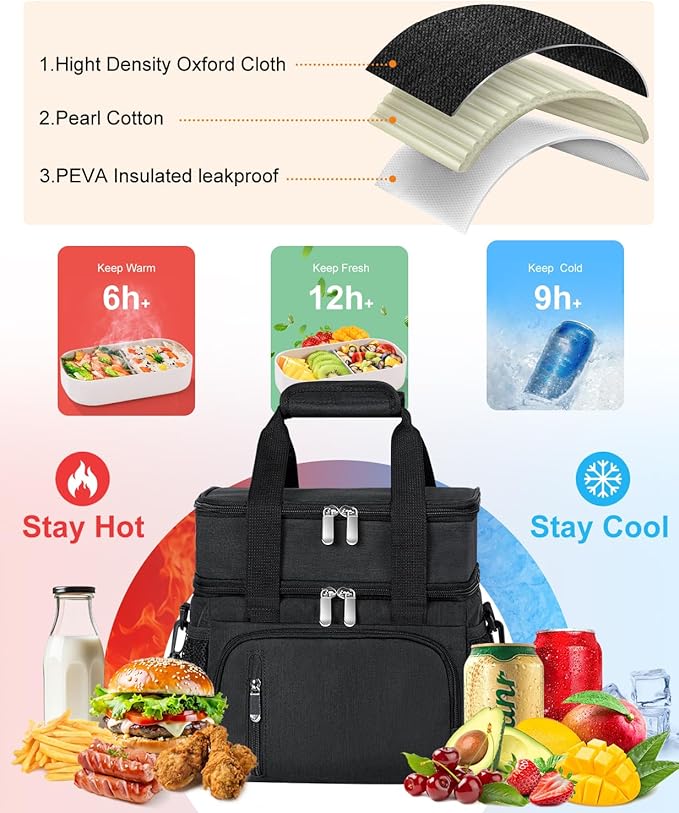 Lunch Box for Men, Double Insulated Lunch Bag Reusable Leakproof Cooler Bag Portable Picnic Food Bag, Adult Lunch Tote Lunch Bag for Work, Construction Worker, Truck Driver, Light Crew-Black