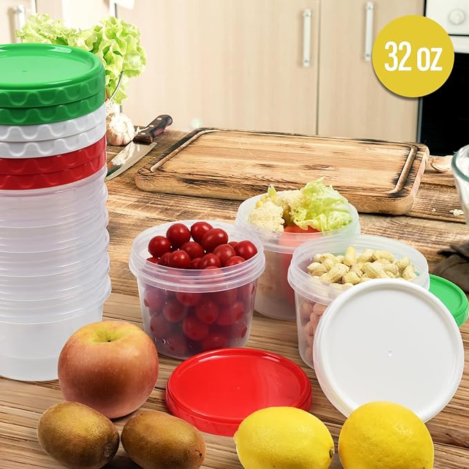 32oz Plastic Containers with Lids,Reusable Freezer Meal Prep Food Leftover Storage Jars Bowls Stackable,12-pack