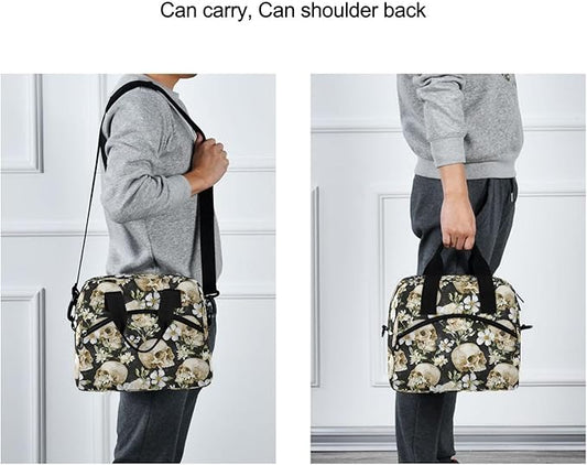 MNSRUU Insulated Lunch Bag Skull White Flower Women Men Fabric Dinner Tote Cooler Bag Reusable Leakproof Lunch Box with Adjustable Shoulder Handles Strap For Work School