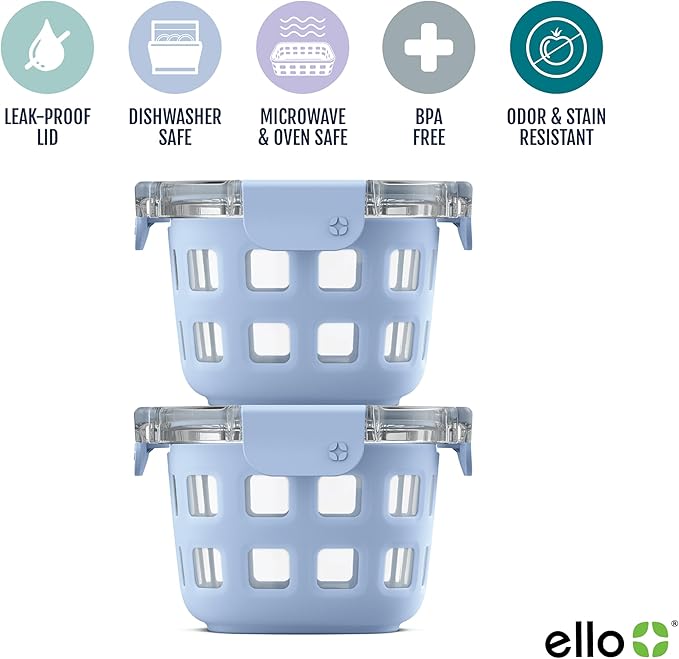 Ello Duraglass 2-Pack 2 Cup Reusable Glass Container Jar with Leak Proof Lids and Protective Silicone Sleeves | Perfect for Overnight Oats, Snacks, Yogurt | BPA-Free | Dishwasher Safe | Halogen Blue