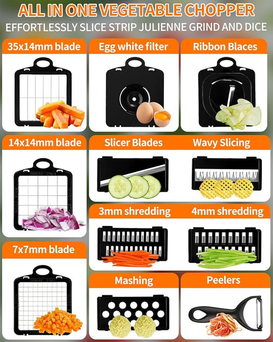Vegetable Chopper Spiralizer Vegetable Slicer Cutter Multifunctional All-in-1 Food Choppers Dicer Onion Chopper Veggie chopper with Container Cheese Grater Includes Hand Guards and Gloves
