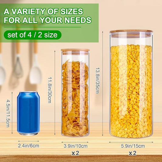 Glass Food Storage Jars, Food Containers with Airtight Bamboo Lids for Pasta, Cookies, Nuts, Coffee Beans, Cereal, Glass Canisters for Kitchen, Pantry Organization,Set of 4