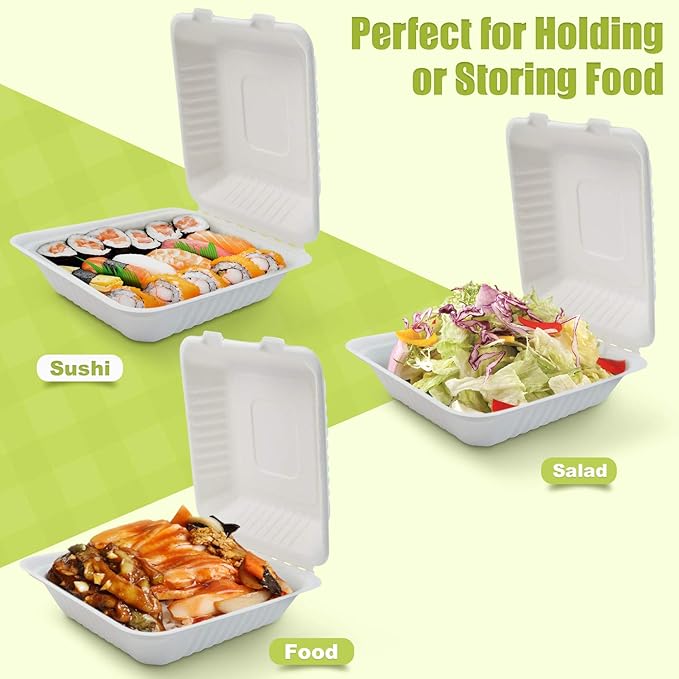 Green Earth 8-Inch, 200-Count, 1-Compartment, Compostable Clamshell, Natural Bagasse (Sugarcane Fiber), Take-Out/to-Go Boxes - Microwave-Safe