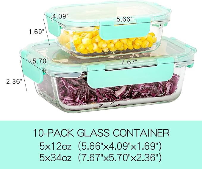 C CREST [10-Pack] Glass Food Storage Containers with Lids, Airtight, BPA Free, Meal Prep Containers for Kitchen, Home Use